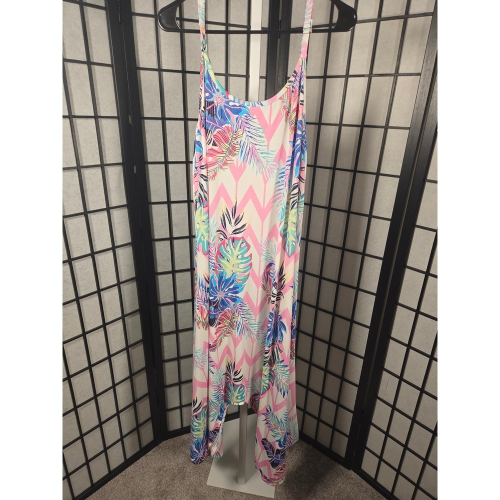Tropical Palm Leaf Sharkbite Maxi Dress Pink Blue L/XL Handkerchief Hem